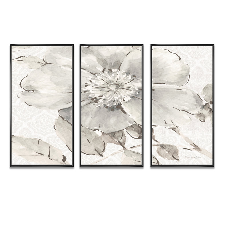 Indigold gris pivoines II - ensemble d'art mural sur toile traditionnel encadré de 3
