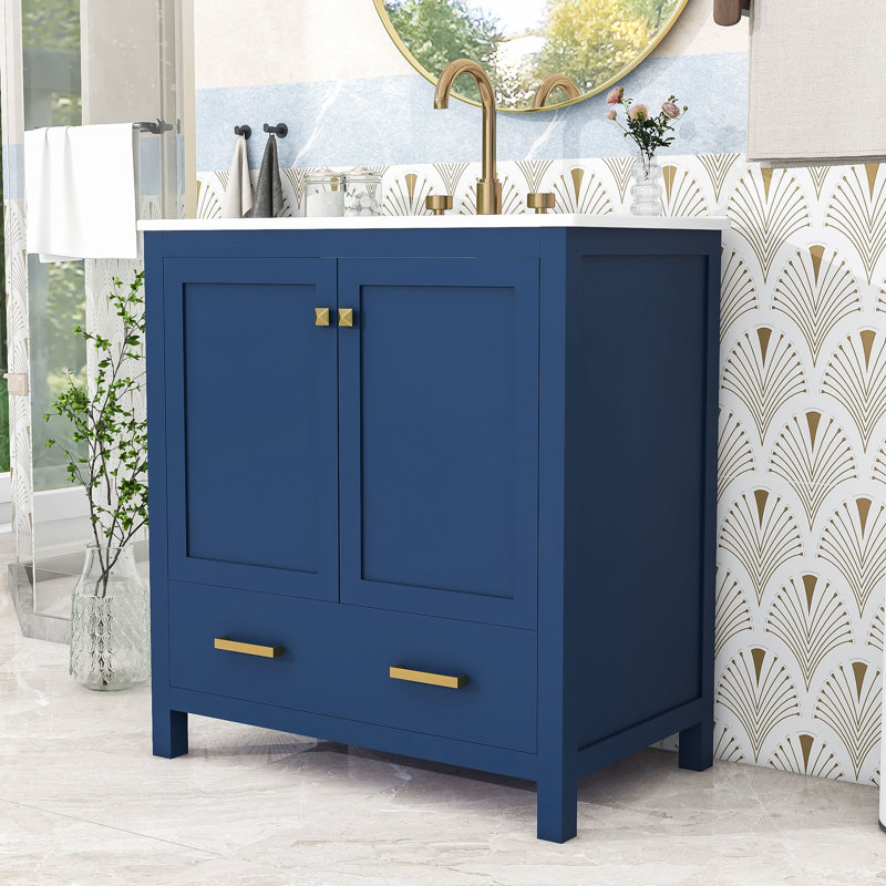 Meuble-lavabo de 30 pouces avec lavabo en céramique, armoire à porte à fermeture douce et tiroir de rangement, Bleu