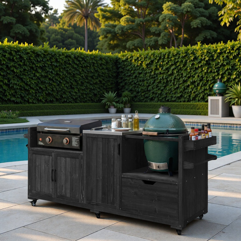 Îlot de cuisine extérieur avec plateau en acier inoxydable, table d'appoint réglable, tiroir, supports de rangement internes, support à épices, porte-serviettes en papier et 5 crochets en S
