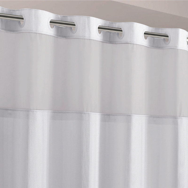 Hookless Waffle Stripe Shower Curtain, 2-in-1 Shower Curtain Includes Fabric Shower Curtain with Sheer Top Window and Flex-on Rings, It’s a Snap! Liner Compatible, 71 In Wide x 74 In Long, Bright White