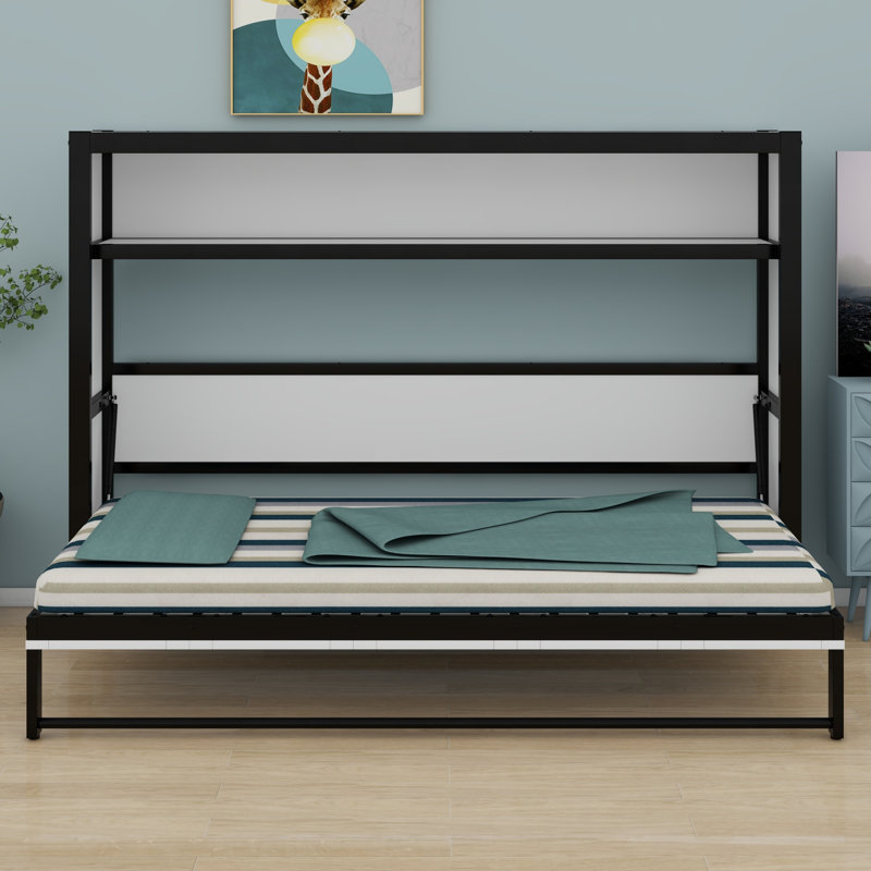 Lit escamotable moderne avec tablettes de rangement intégrées, Blanc