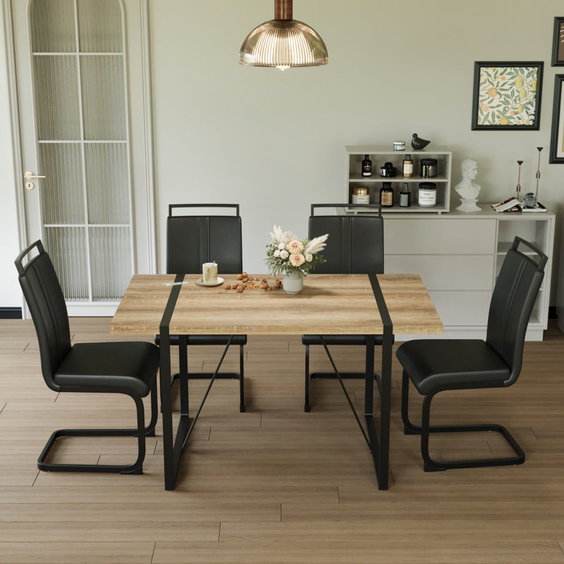 Ensemble de table de salle à manger de 55 po en bois aggloméré rectangulaire moderne et industriel en bois avec chaise en polyuréthane sans accoudoirs, pieds en métal