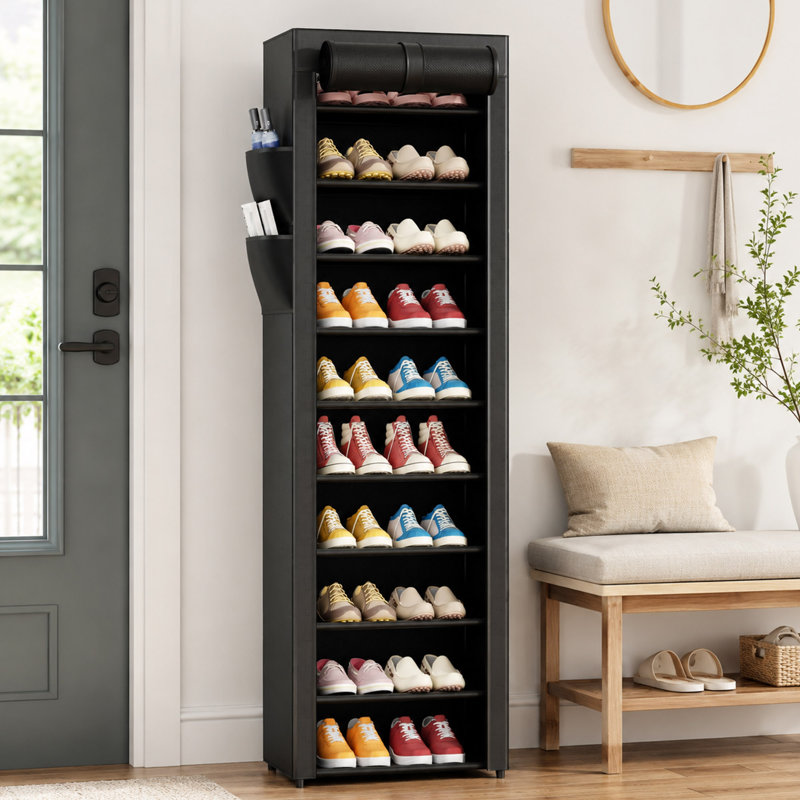 Range-chaussures noir à 10 niveaux avec housse et pochette de rangement latérale