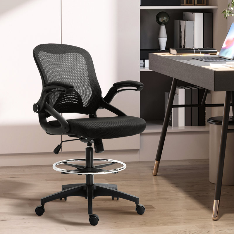 Chaise de bureau avec aide lombaire, siège rabattable, siège réglable, tabouret à dessin à finition noire, noir, hauteur du siège, support, confortable