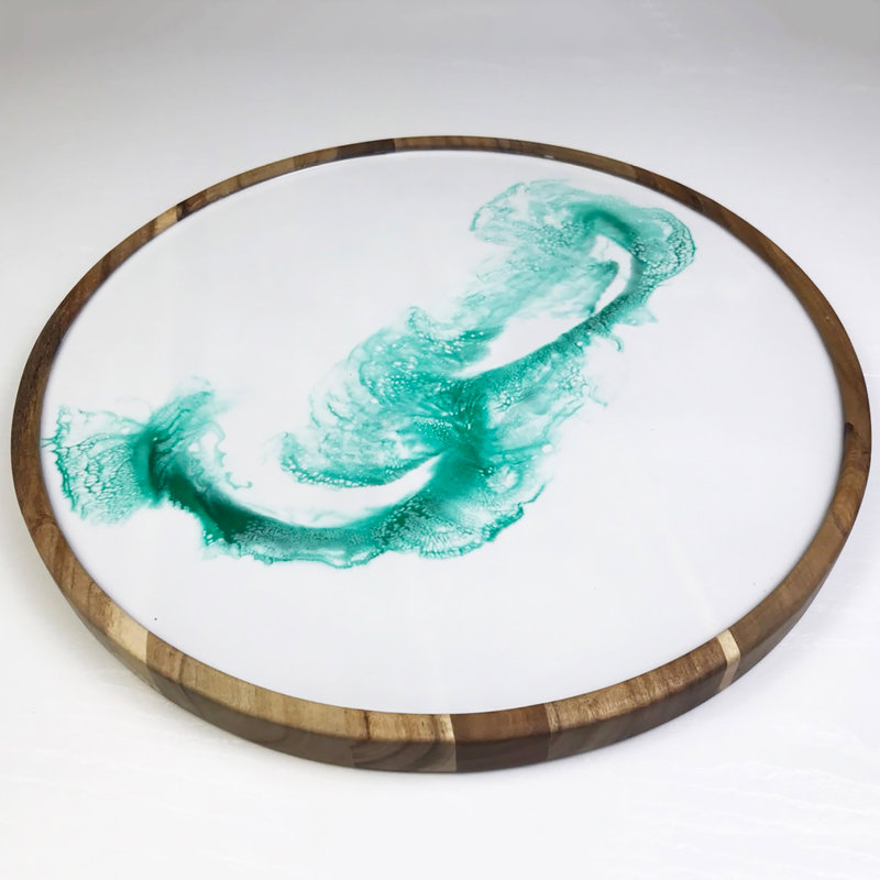 Round Decorative Serving Tray Acacia Wood Epoxy Resin Pattern Decor
