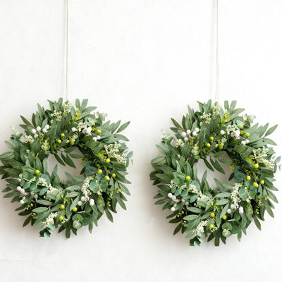 2Pcs 20Inch Artificial Olive Berry Wreath Green Leaf Olive Wreaths Spring Summer Wreath for Front Door Window Hanging Wall Party Decorations