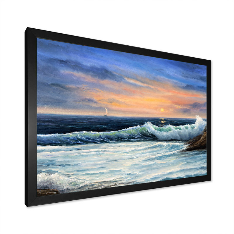 Coucher de soleil sur la plage - reproduction d'art sur toile, Cadre photo noir, H 8 po x l 12 po x P 1 po