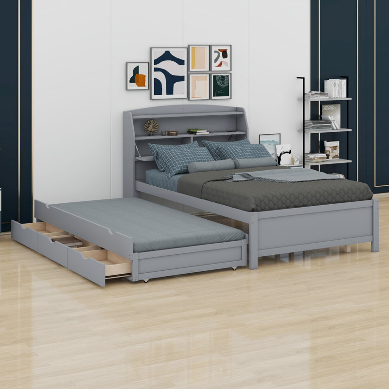 Lit plateforme en bois avec lit gigogne et tête de lit à DEL avec tiroirs, Lit double , gris