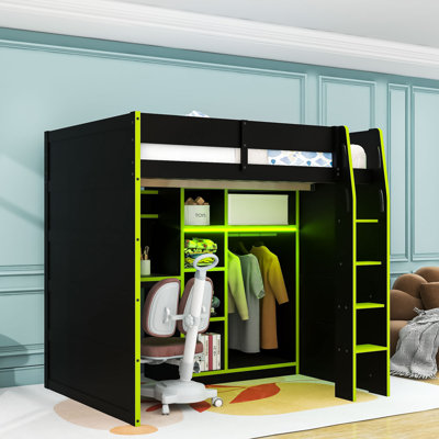 Full Size Gamer Loft Bed With Desk, Storage, RGB Light And USB Port