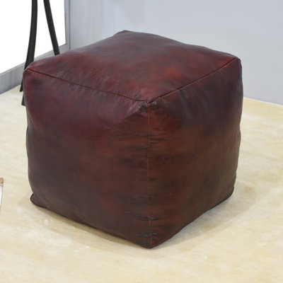 HANDMADE ECO-FRIENDLY STUFFED BUFFALO LEATHER POUF - Plain Solid Design, Genunie Buffalo Leather, Recycled Cotton Stuffed, Seating Pouf For Living Room, Study Room, Patio & Office