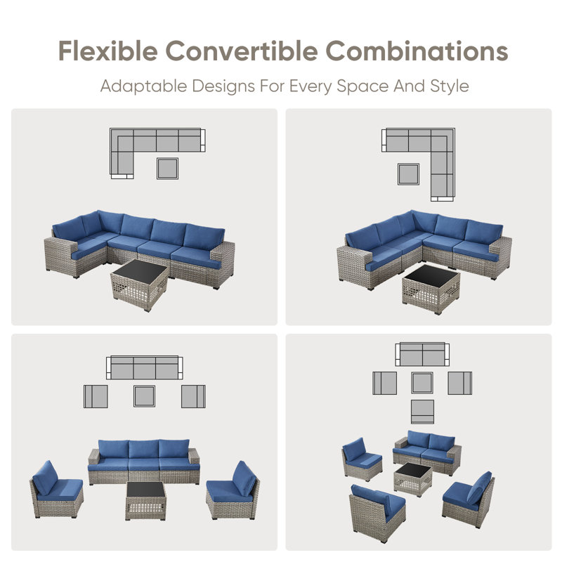 Ensemble de conversation modulaire en rotin et osier avec chaises berçantes pivotantes et table basse Clolt Arnoltice, Bleu