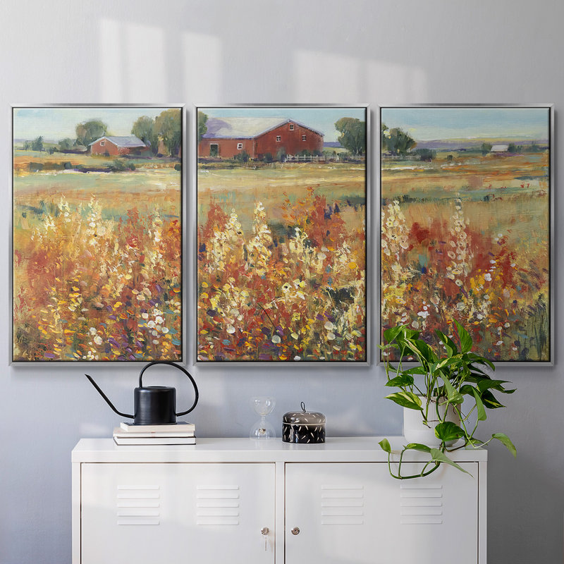 «Country View II», peinture sur toile 3 pièces, H 36 po x l 75 po, Encadrement argenté