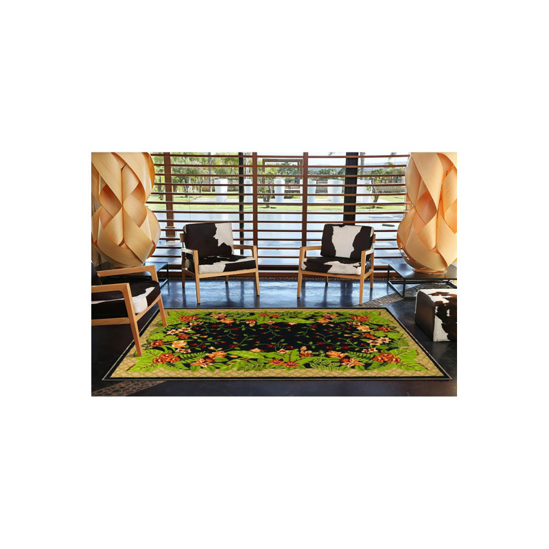 Green Leaf Patterned Woven Base Rug, Rectangle 4'7" x 6'7" Rug Pad Included