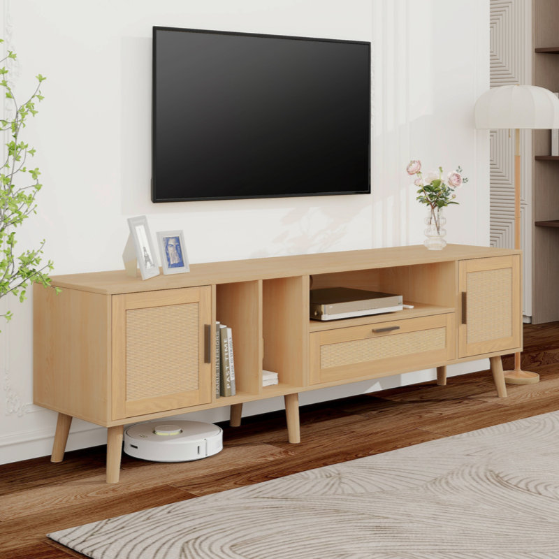 Meuble télé en rotin avec 2 armoires et 2 tablettes ouvertes Meuble audio-vidéo pour téléviseur de 80 po ou moins