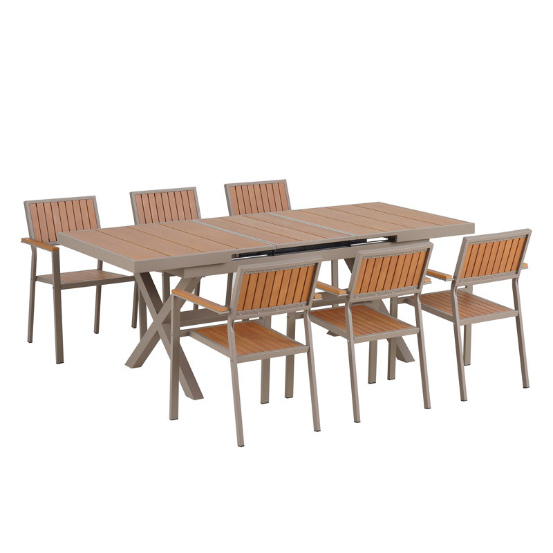 Flexible Outdoor Dining Set with Six Chairs and Extending Table from 62.9 to 82.6 Inches for Personalized Arrangements, Cream