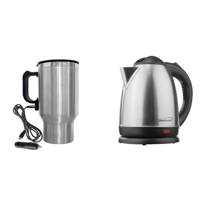 Bouilloire électrique sans fil de 1,5 litre en acier inoxydable avec tasse de voyage chauffée en acier inoxydable de 16 onces BRENTWOOD Appliances