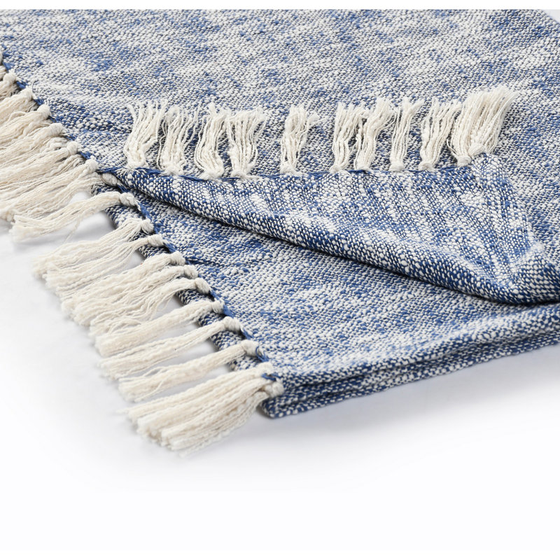 Navy Blue and Off-White Cotton Chambray Throw Blanket with Fringe