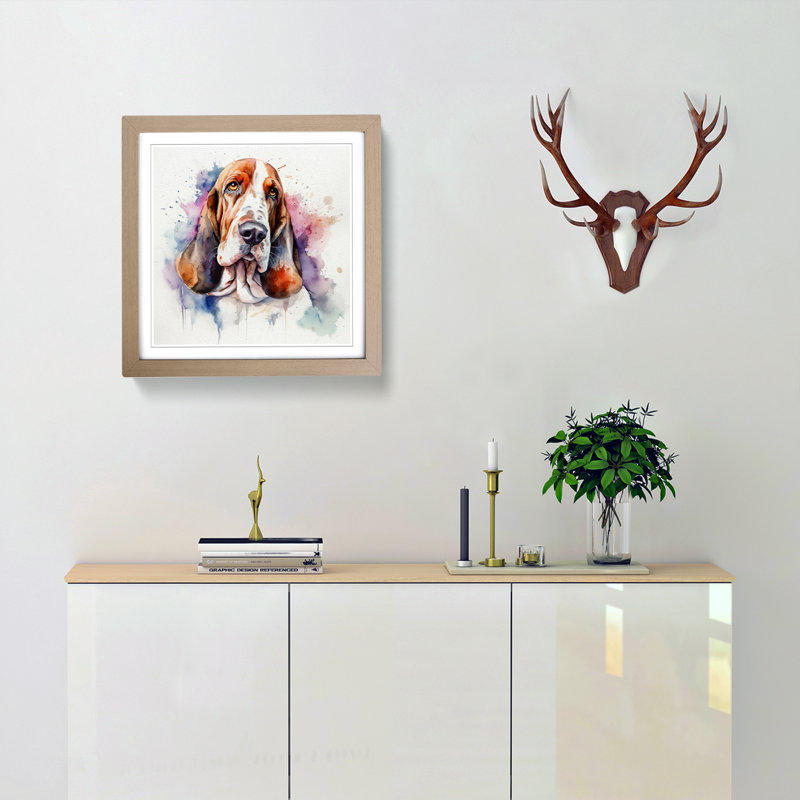 Basset Hound Watercolour No.2 - Framed Print, Oak