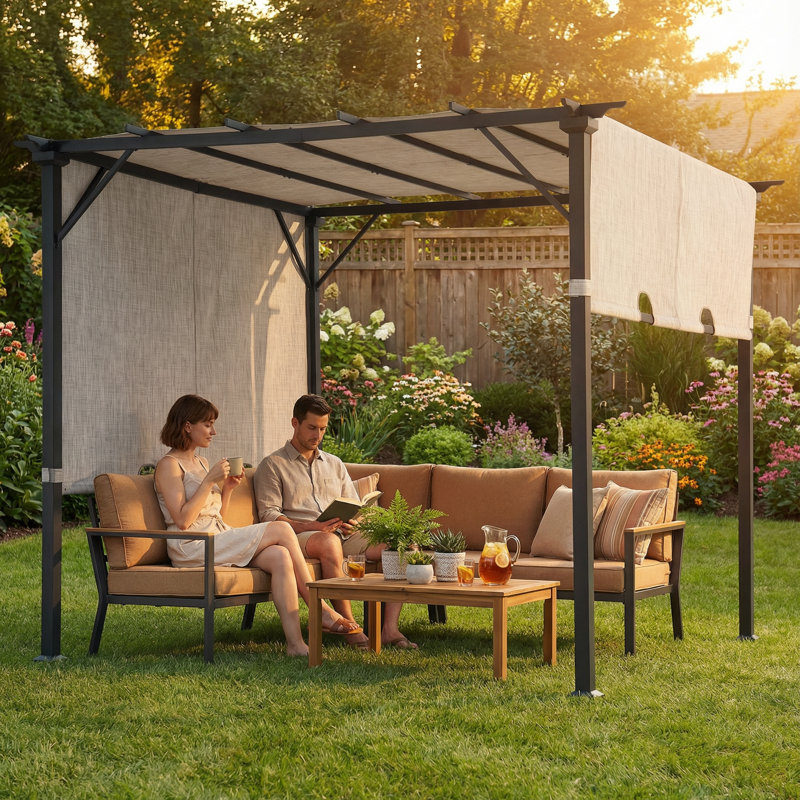 Sunjoy 9 x 9 ft. Pergola, Outdoor Patio Steel Classic Frame Pergola with Retractable Canopy Shade for Backyard, Garden Activities