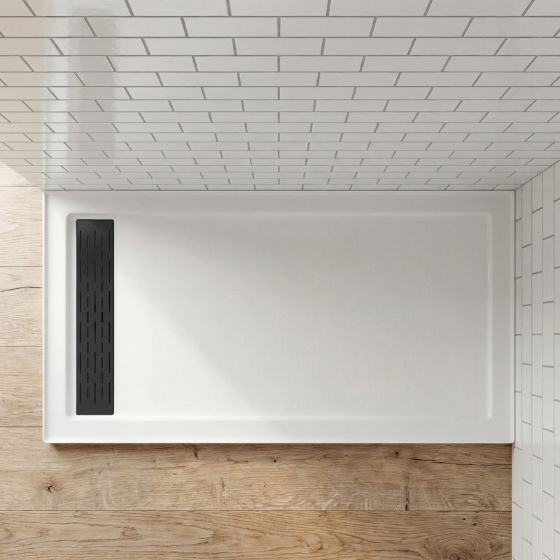 60" x 32" Acrylic Shower Pan Base with Slip-Resistance Finish & Matte Black Linear Drain Cover, Left Drain, Matte Black