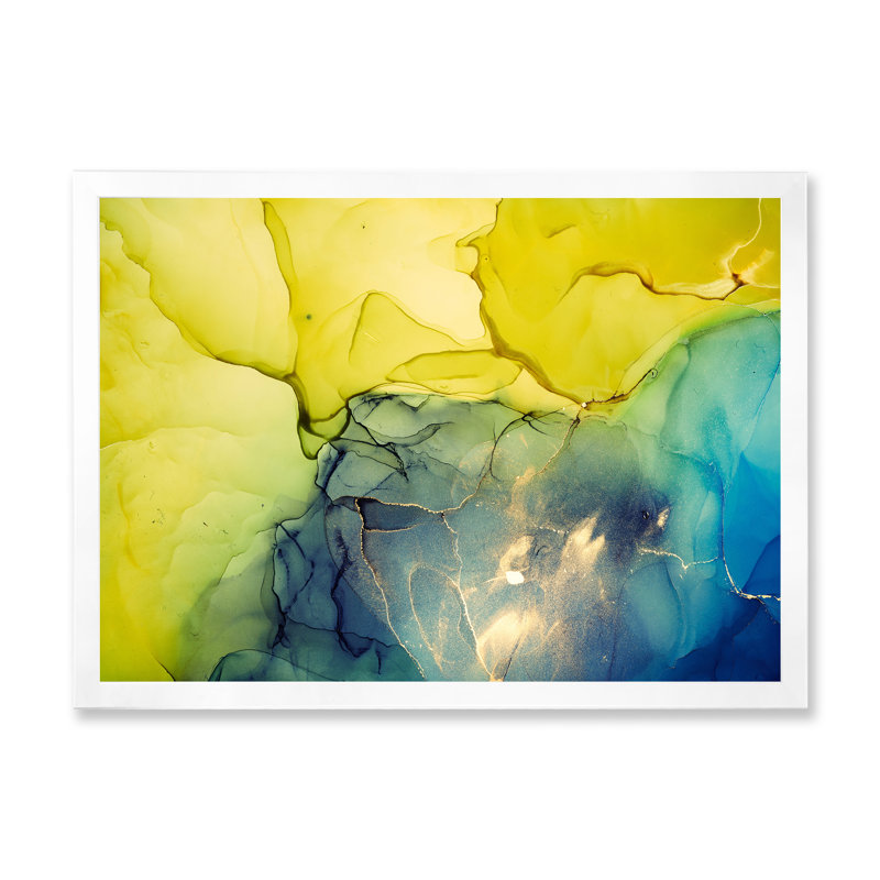 Jaune et bleu, vagues de marbre II - peinture sur toile, H 34 po x l 44 po x P 1,5 po, Cadre photo blanc