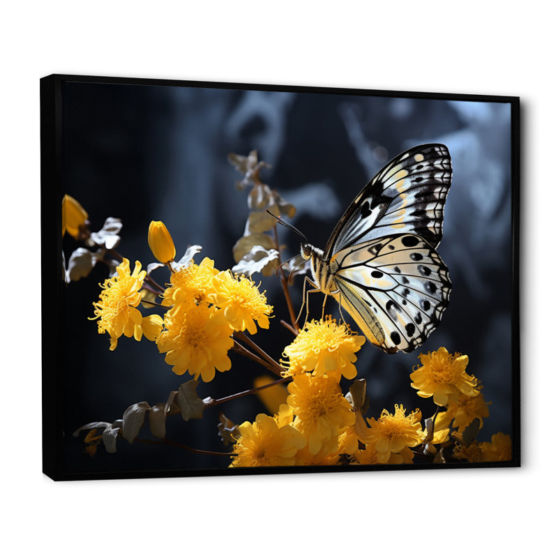 «Samaj Yellow Grey Butterfly Haven I», reproduction sur toile, H 34 po x l 44 po x P 1,5 po, Cadre flottant noir