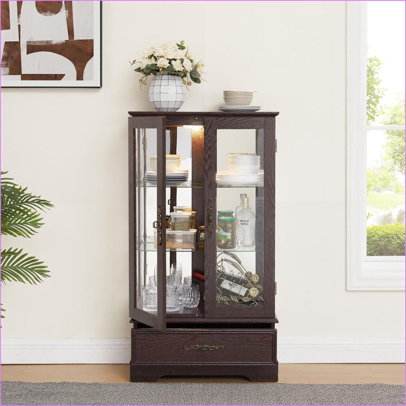 Curio Display Cabinet, Vintage Retro Lighted with Adjustable Glass Shelves, 2 Doors, 1 Drawer, Anti-Tip | Cherry | MDF+Glass