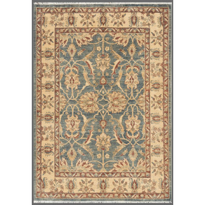 Tapis unique en laine noué à la main des années 2010 de 4 pi 11 po x 7 pi bleu clair / ivoire Denver
