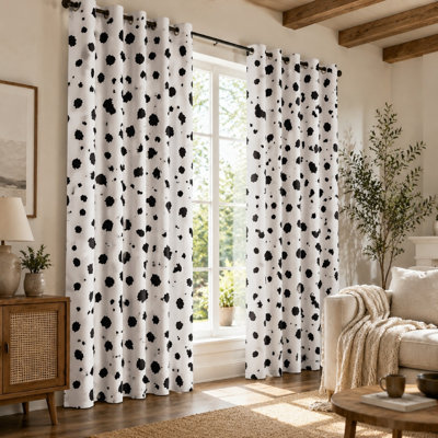 2 pièces de rideaux bloquant les œillets à motif tacheté à motif dalmatien, motif d'éclaboussures artistiques, style campagne moderne pour le salon, la chambre à coucher et le salon