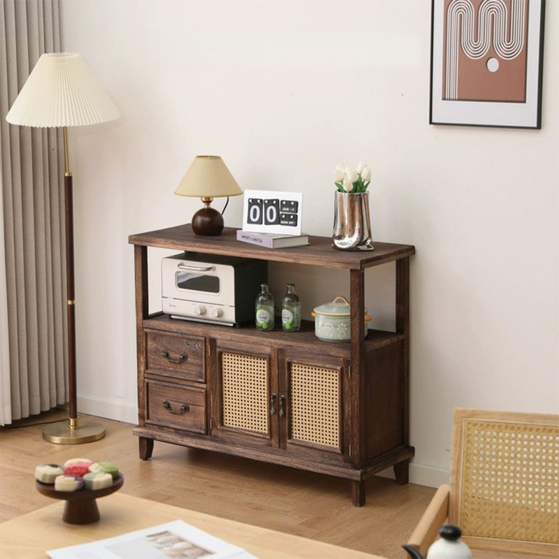 Buffet café foncé + bois massif beige + rotin