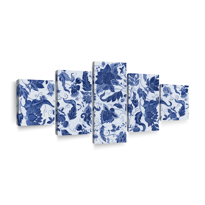 " Ornate Blue Flowers Multi Piece Canvas Print " 5 - Pieces, 36" H x 80" W
