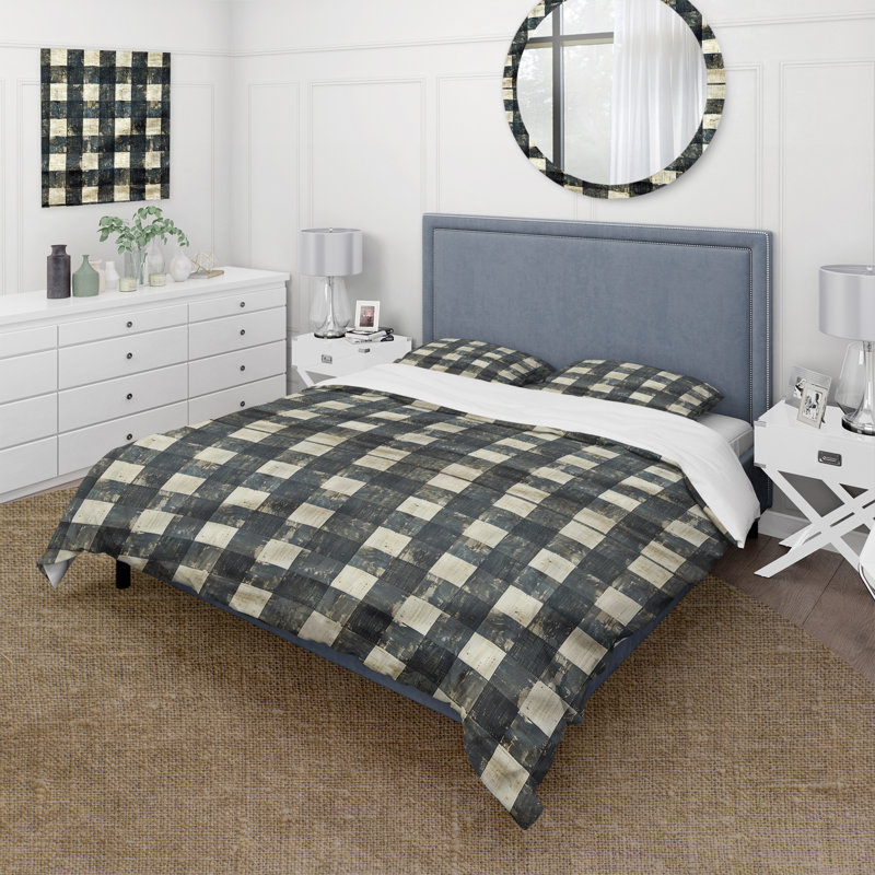 Ensemble de housse de couette Mid-Century noir et gris Gingham III, Housse de couette très grand + 2 taies décorativ