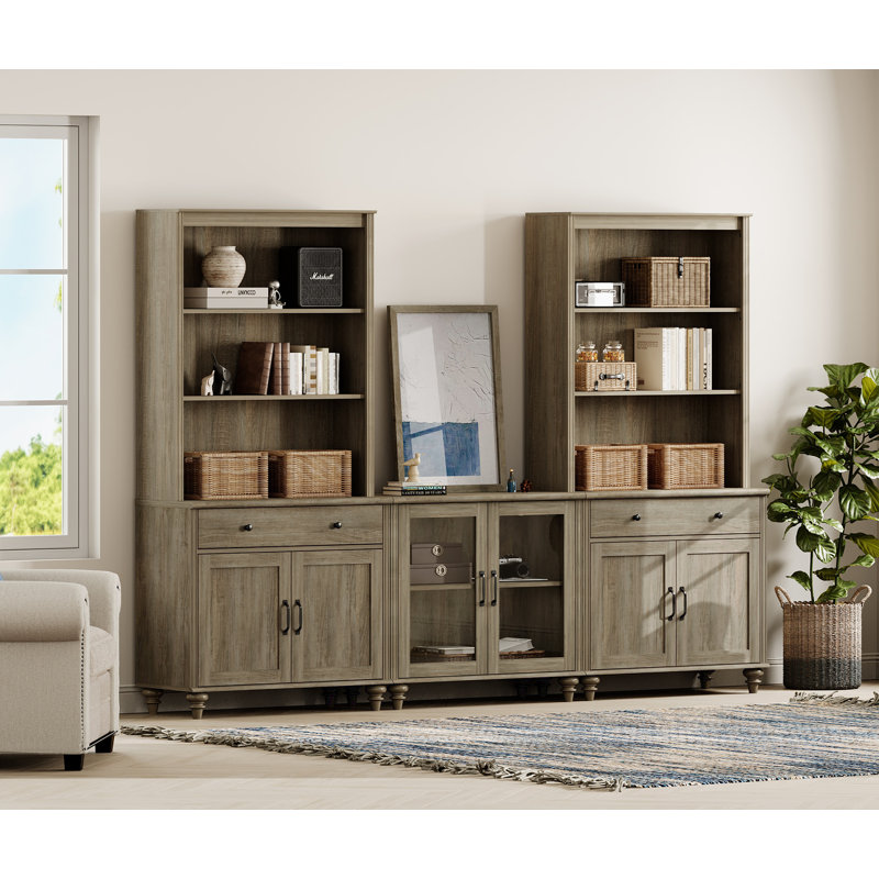 Buffet avec bahut, buffet avec deux portes en bois, deux portes en verre et deux tablettes à 3 niveaux, gris délavé, 101 po