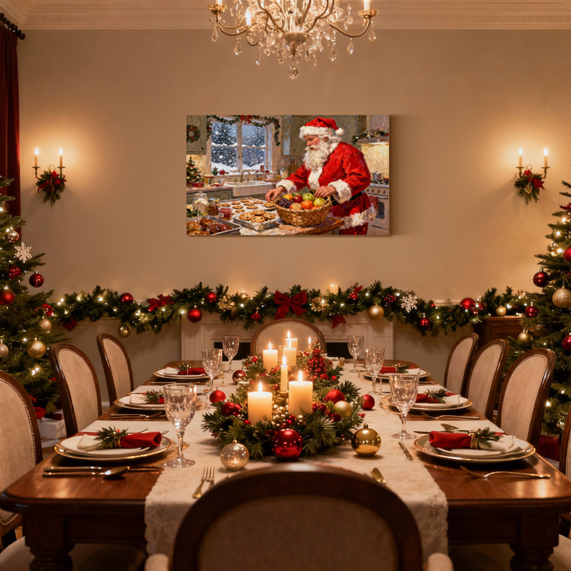 Ensemble de 3 reproductions d'art sur toile, "Christmas Santa Bakes Cookies In Kitchen With Fruit", H 20 po x l 30 po