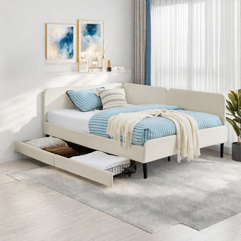 Upholstered Daybed With 2 Storage Drawers And Adjustable Side Rail