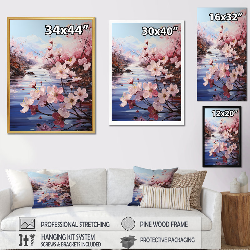 Cherry Blossom Flower Meadow sur toile, Cadre simple argenté, H 32 po x l 16 po x P 1 po