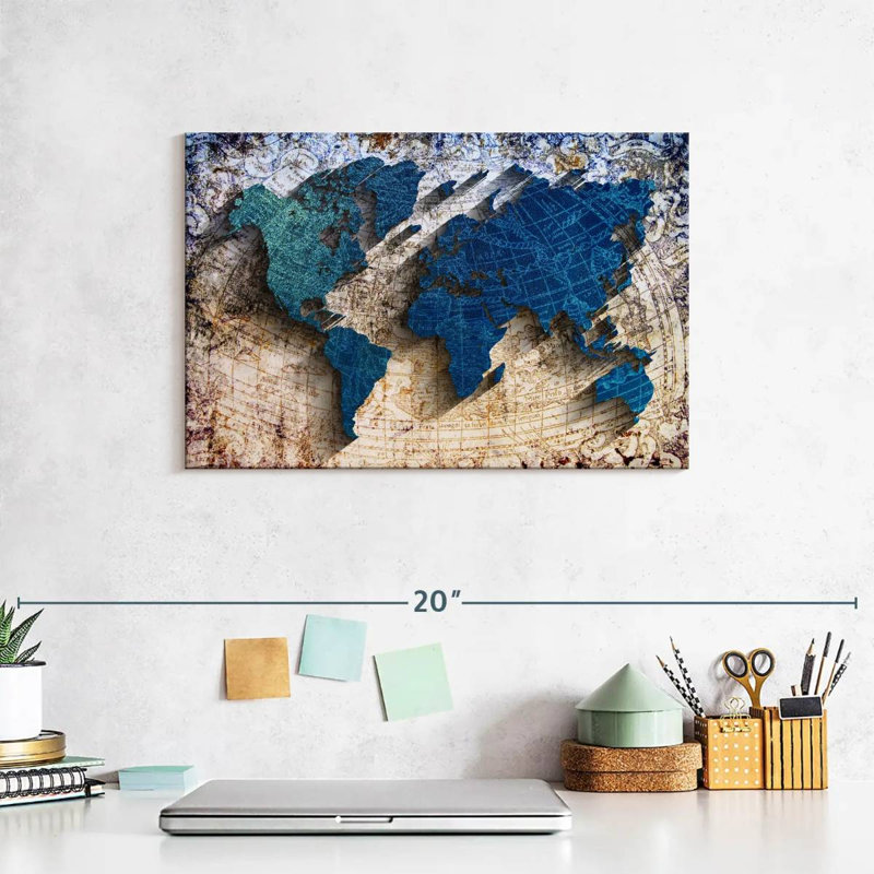 Carte du monde sculptée - reproduction sur toile tendue, H 8 po x l 12 po x P 1 po