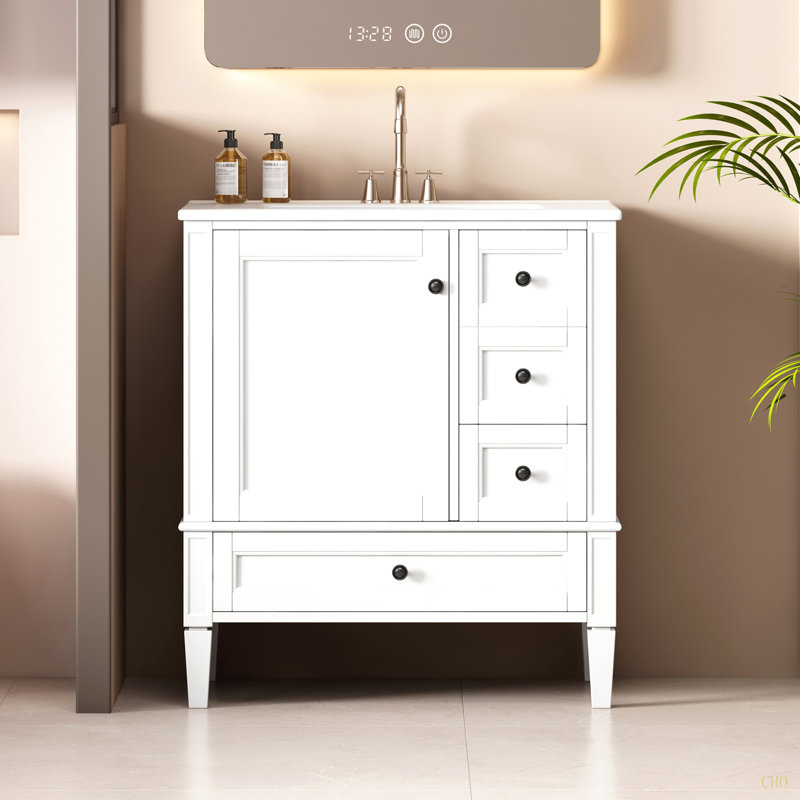 Meuble-lavabo moderne de 30 po avec lavabo en céramique, 3 tiroirs, meuble de rangement moderne en bois massif, idéal pour la maison