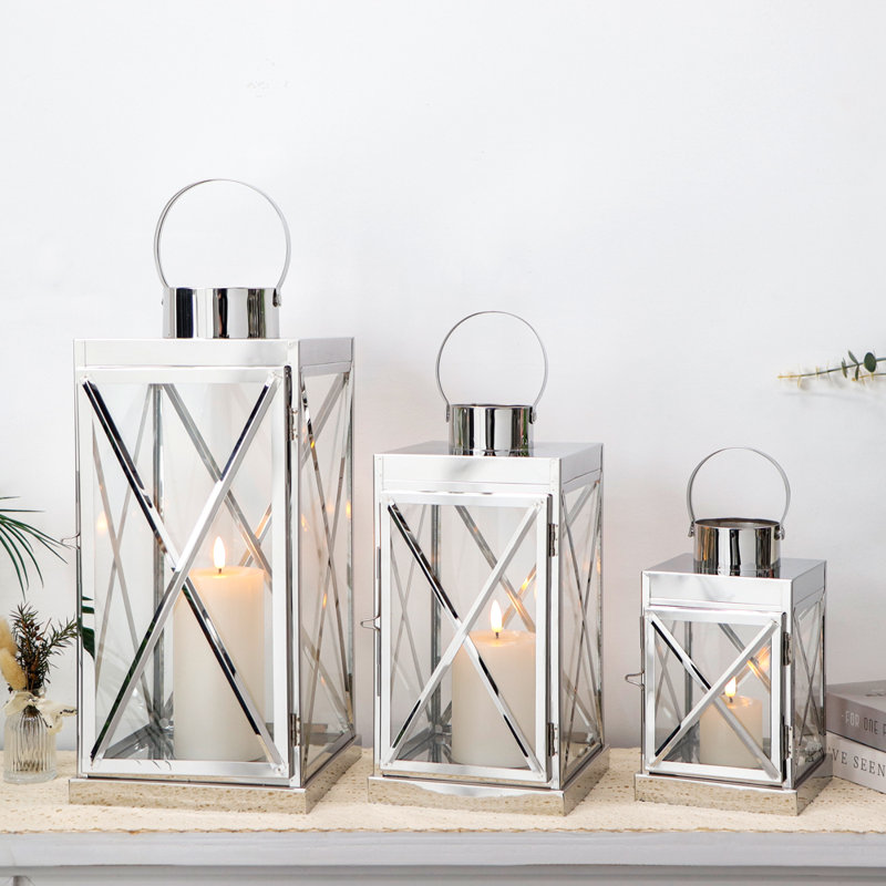 Silver Stainless Steel Lantern 3pcs-Square Elegance 8/12/16In, Silver