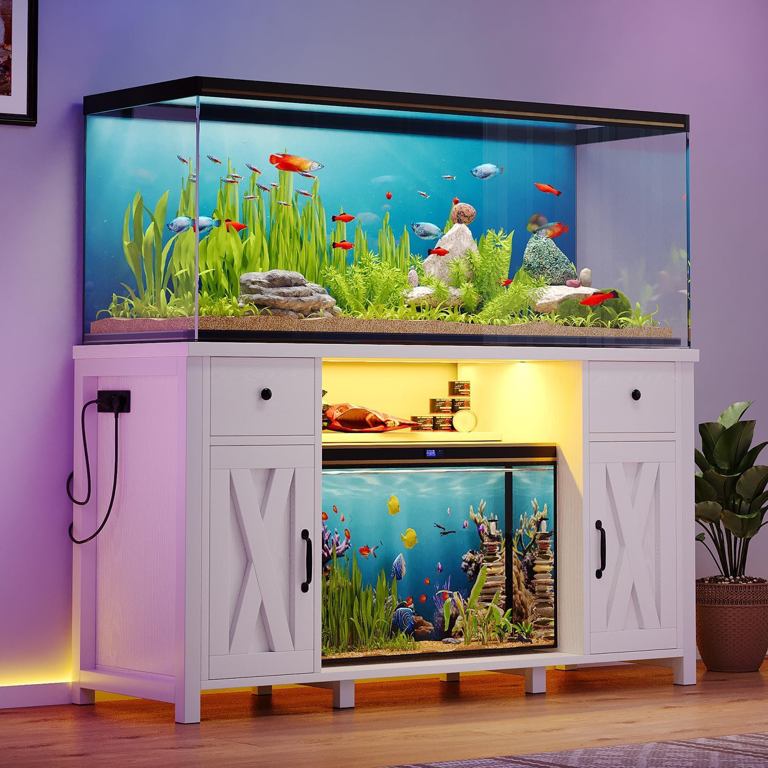 75 Gallon Tank Heavy Duty 55-75 Gallon Fish Tank Stand With Power Outlets, Aquarium White MDF Tank Stand