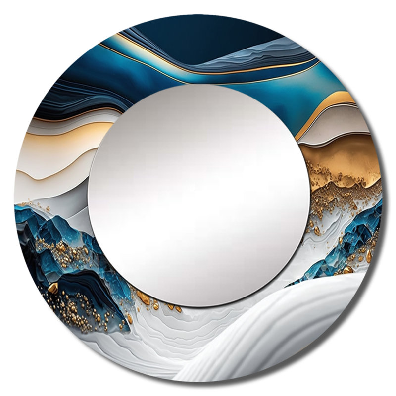 Priseis Abstract Geode Waves Blue II - Abstract Unique Mirror, Blue Large Round Wall Mirror, Printed Metal Art, 29" x 29"
