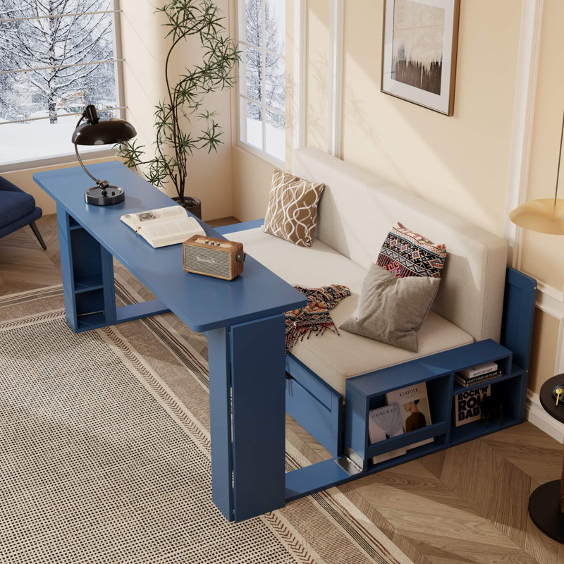 Queen Size Multifunctional Daybed with Removable Desk, Storage Drawers, and Hydraulic Lift Side Tables, Blue, Blue, Queen