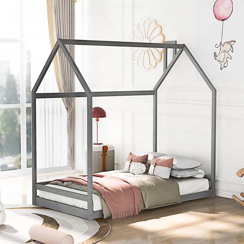 Modern Twin Size House Bed, Bed Frame, Grey