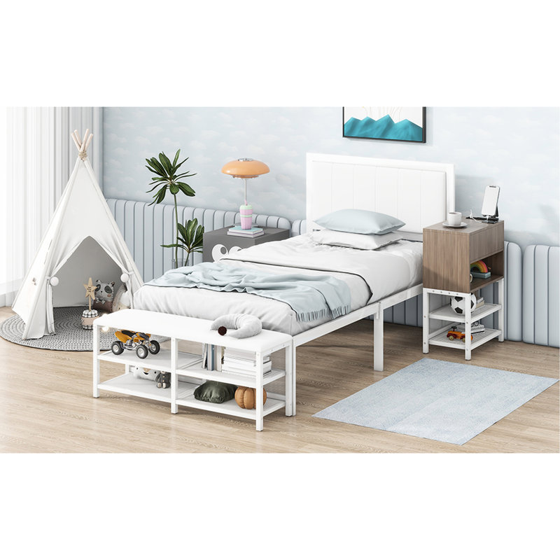 Lit plateforme simple en métal avec finition blanche et rangement, Lit simple, Blanc