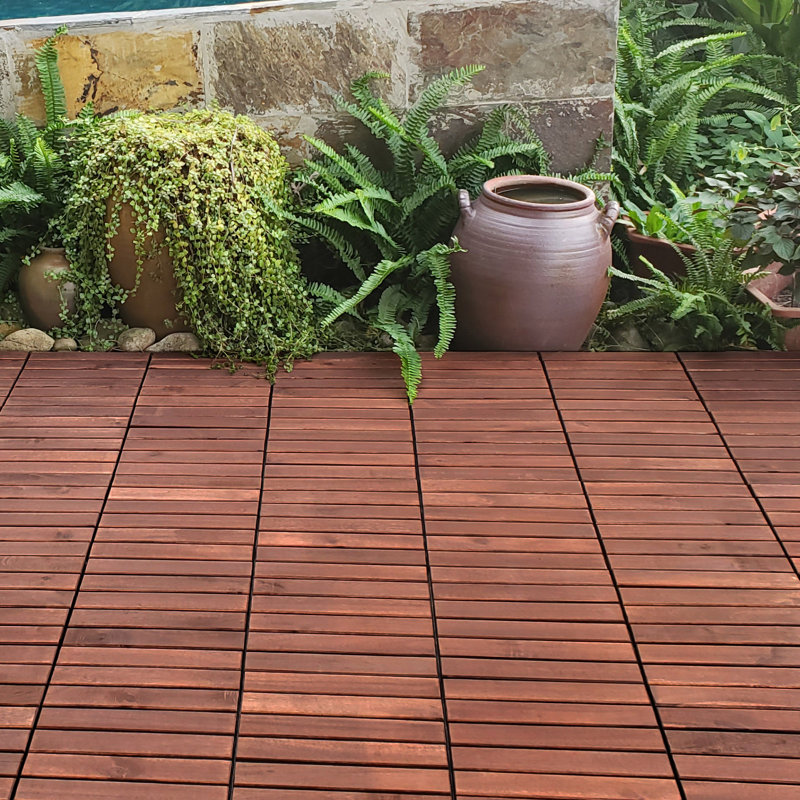 Walnut Brown Acacia Wood Interlocking Deck Tiles, 12x12 inch, Set of 10