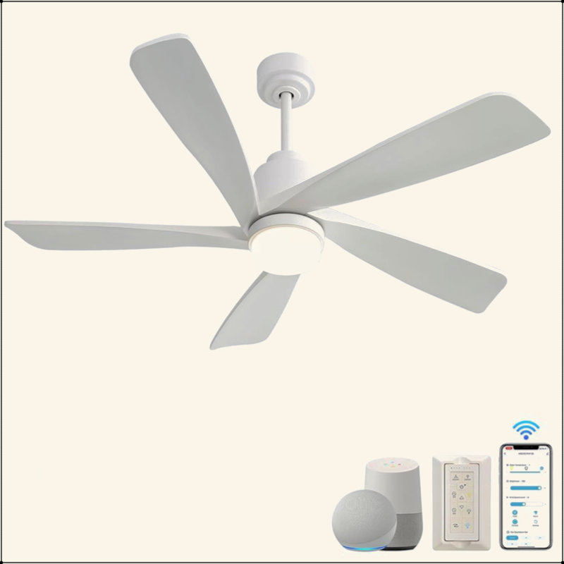 Ventilateur de plafond moderne de 52 pouces avec lumière DEL à intensité variable et 5 pales en bois massif avec moteur à courant continu réversible et télécommande