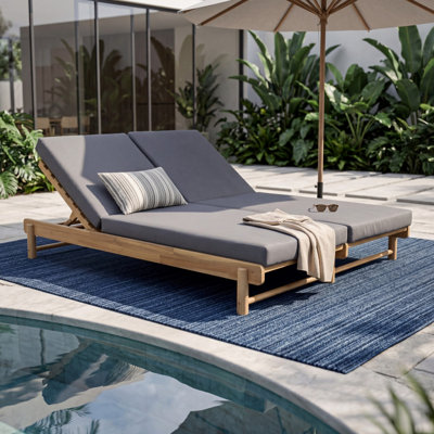 Chaise longue double en bois d'acacia avec dossier réglable à 3 positions, coussins épais de 4 po résistants à l'eau et pliables pour la cour de la piscine