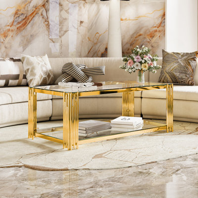 Table basse moderne en verre transparent, rectangulaire, métal asymétrique, finition dorée et tablette inférieure, 47,5 po