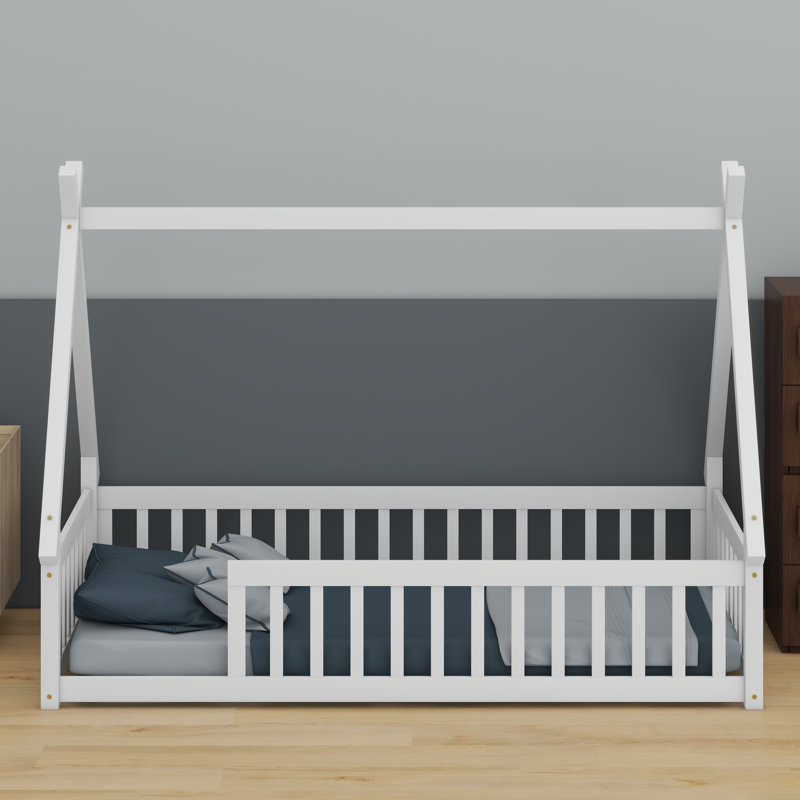 Tent-Inspired Low-Profile Bed Featuring Safety Rails And Built-In Slats, White