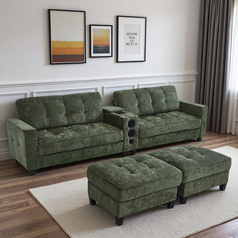 Modern U-shaped Sectional With Movable Storage Ottomans, Multifunctional Console, Bluetooth Speakers And Led Lights